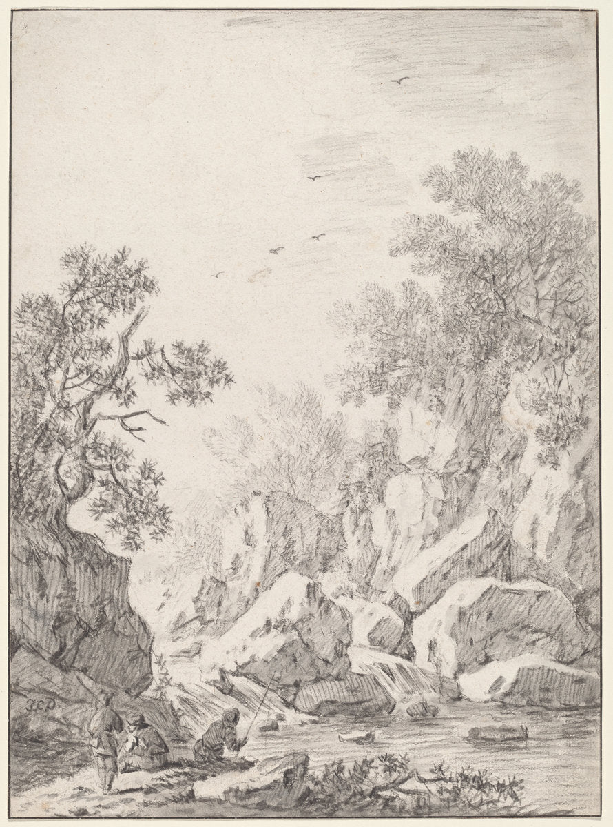 A Waterfall by Rock Cliffs by Johann Christoph Dietzsch (German, 1710 - 1769), 16X12"(A3)Poster Print