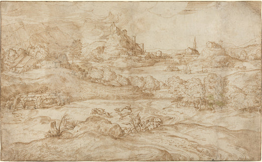 Landscape with Shepherds Driving Away a Wolf by Domenico Campagnola (Venetian, before 1500 - 1564), 16X12"(A3)Poster Print