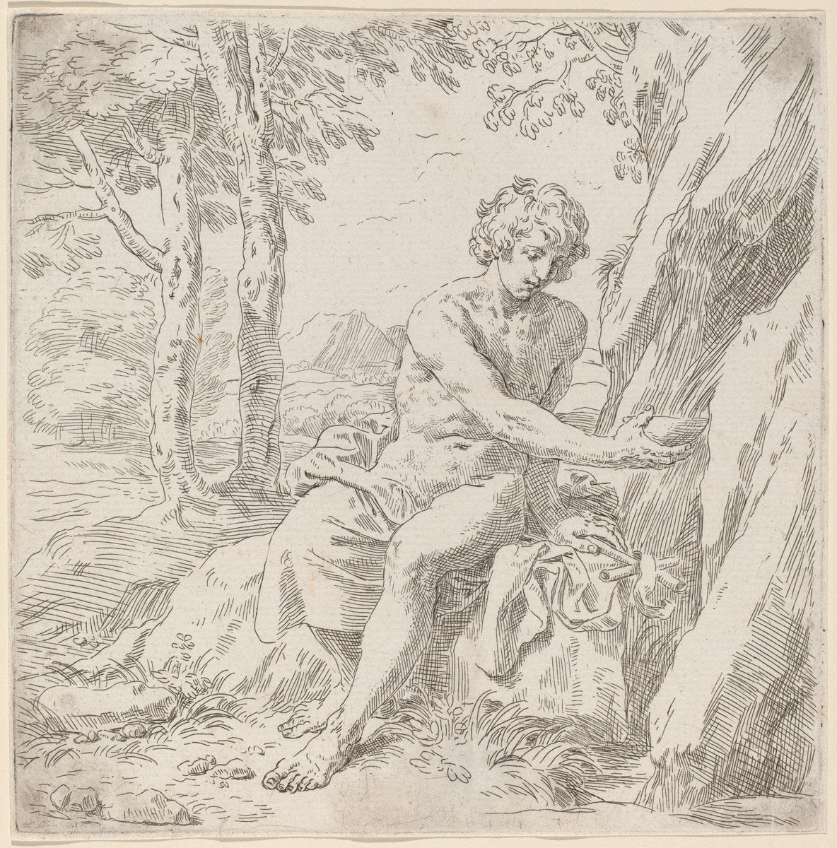 Saint John the Baptist in the Desert by Simone Cantarini (Italian, 1612 - 1648), 16X12"(A3)Poster Print