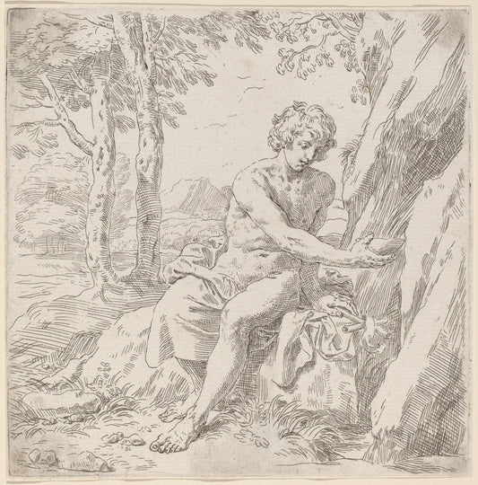 Saint John the Baptist in the Desert by Simone Cantarini (Italian, 1612 - 1648), 16X12"(A3)Poster Print