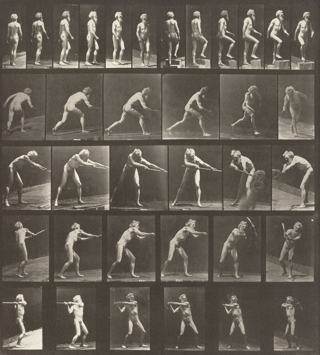 Plate Number 521. A: Walking. B: Ascending a step. C: Throwing the disk. D: Using a shovel. E, F: Using a pick by Eadweard Muybridge (American, born England, 1830 - 1904), 16X12"(A3)Poster Print