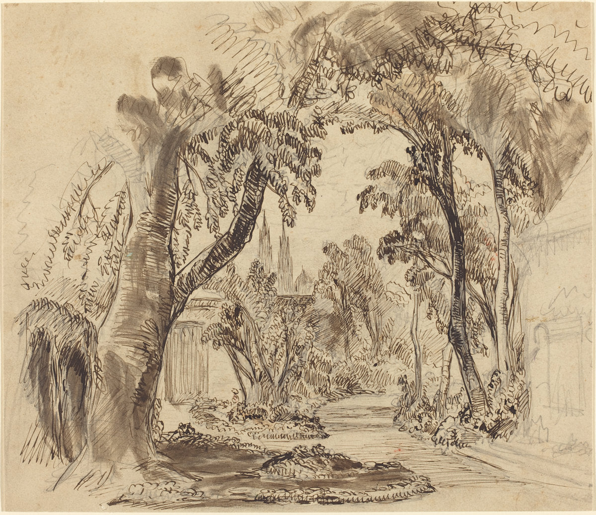 A Tree-lined Garden Path (Preliminary Sketch for "Sleeping Beauty and the Beast"?) by Robert Caney (British, 1847 - 1911), 16X12"(A3)Poster Print