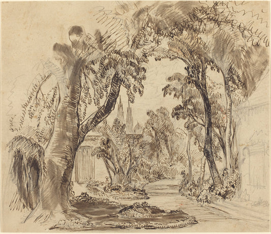 A Tree-lined Garden Path (Preliminary Sketch for "Sleeping Beauty and the Beast"?) by Robert Caney (British, 1847 - 1911), 16X12"(A3)Poster Print