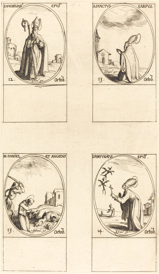 St. Maximilian; St. Carpus; St. Daniel and Angelus; St. Fortunatus by Jacques Callot (French, 1592 - 1635), 16X12"(A3)Poster Print