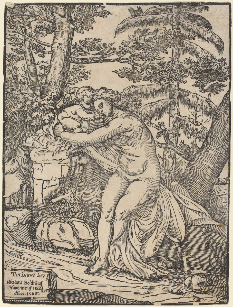 Venus and Cupid by Niccolò Boldrini after Titian (Italian, 1510 - 1566 or after), 16X12"(A3)Poster Print