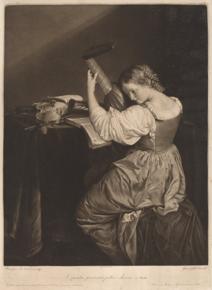 Querulas praetentat pollice cordas (The Lute Player) by Johann Bernard after Orazio Gentileschi (formerly Caravaggio) (Austrian, 1784 - after 1821), 16X12"(A3)Poster Print