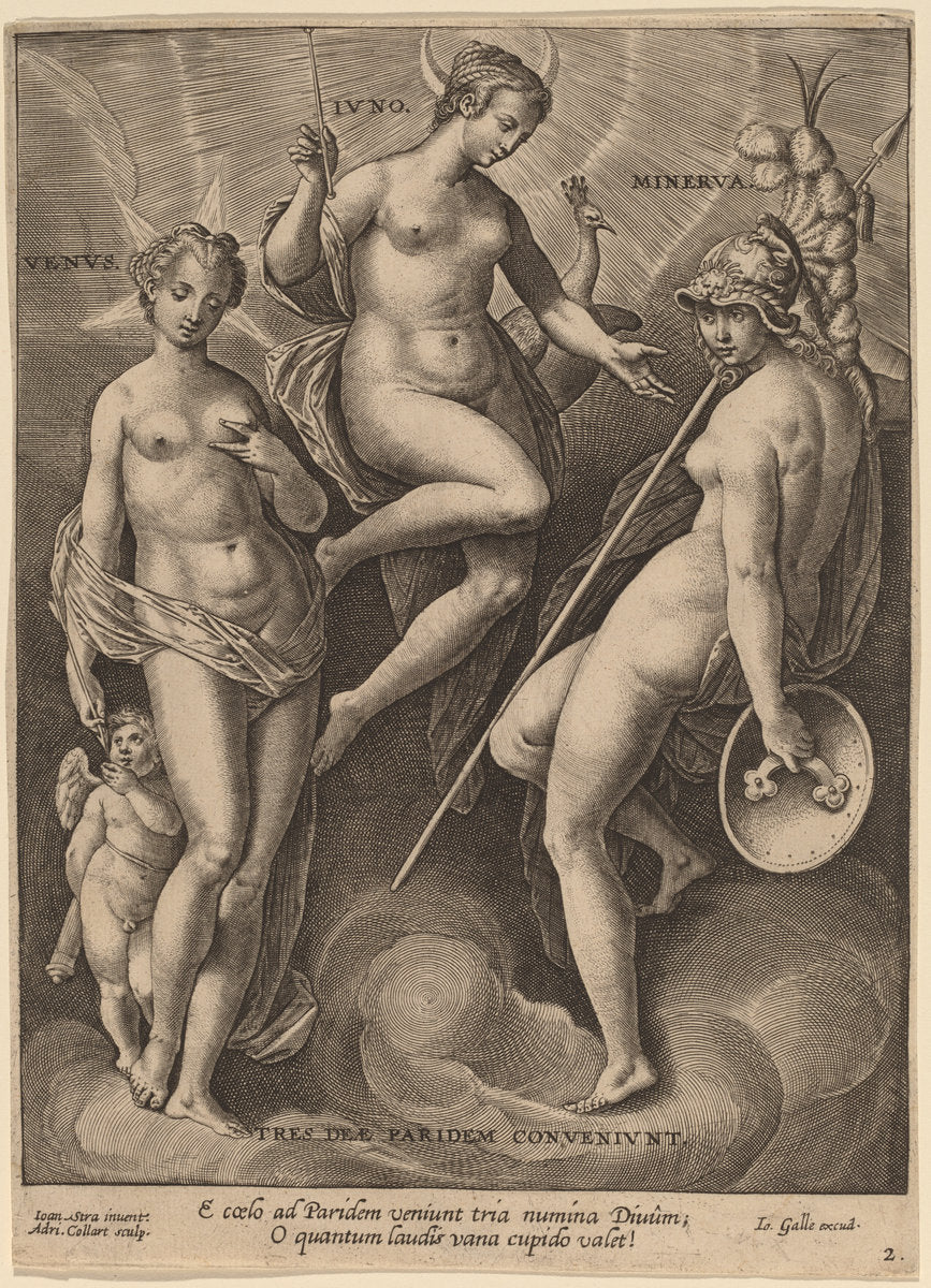 Venus, Juno and Minerva by Adriaen Collaert after Jan van der Straet (Flemish, c. 1560 - 1618), 16X12"(A3)Poster Print