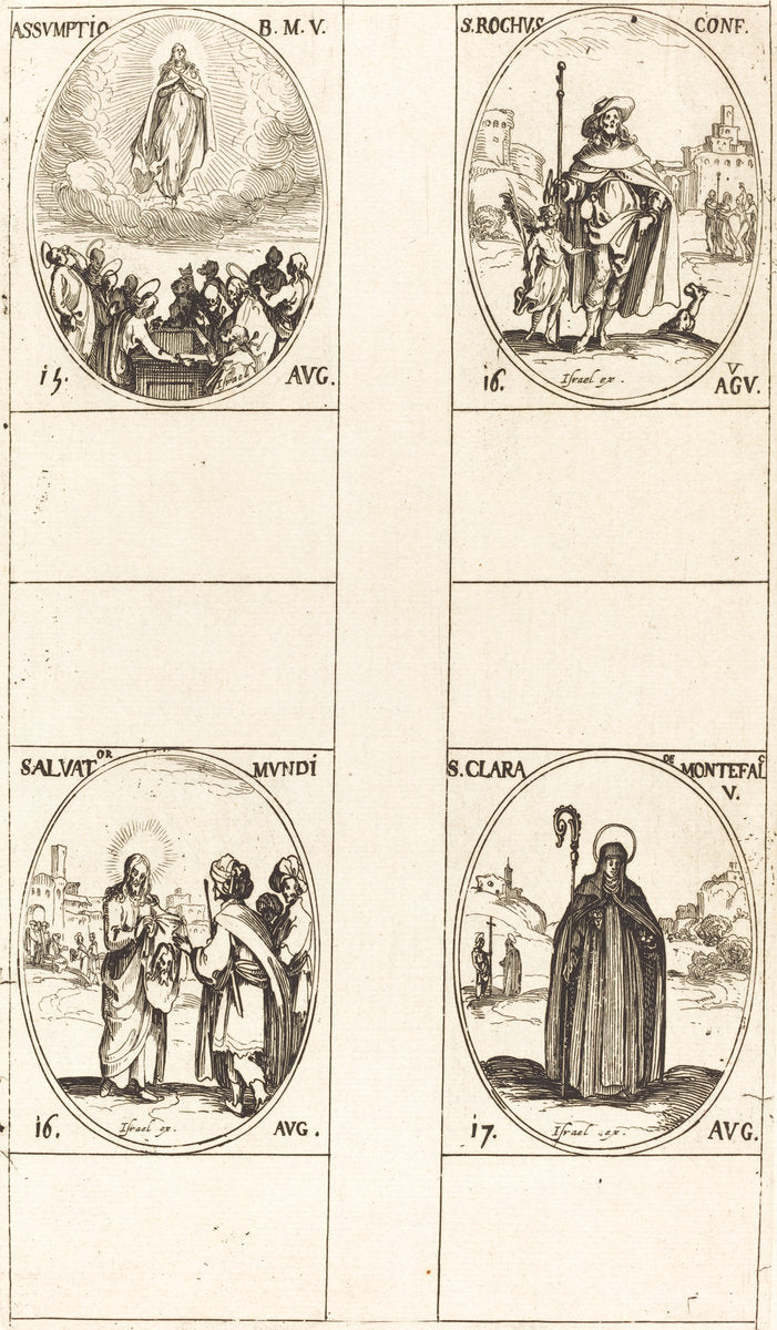 The Assumption; St. Roch; Salvator Mundi;  St. Clare of Monte Falco by Jacques Callot (French, 1592 - 1635), 16X12"(A3)Poster Print