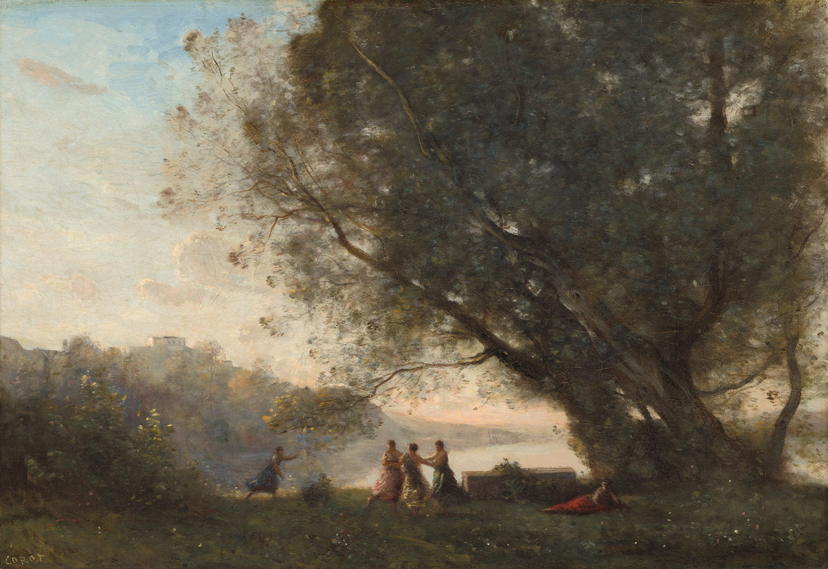 Dance under the Trees at the Edge of the Lake by Jean-Baptiste-Camille Corot (French, 1796 - 1875), 16X12"(A3)Poster Print