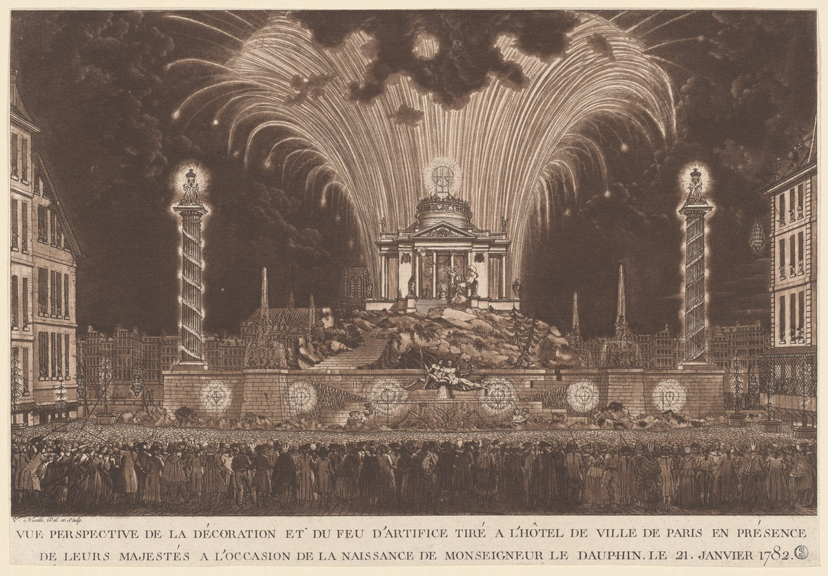La Décoration et du Feu d'Artifice... la Naissance de Monseigneur le Daufin (Fireworks Celebrating the Birth of the Dauphin) by Victor Jean Nicolle (French, 1754 - 1826), 16X12"(A3)Poster Print
