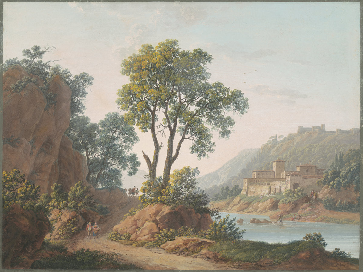 River Landscape with Castles and Travelers by Baron Louis-Albert-Guillain Bacler d'Albe (French, 1761 - 1824), 16X12"(A3)Poster Print
