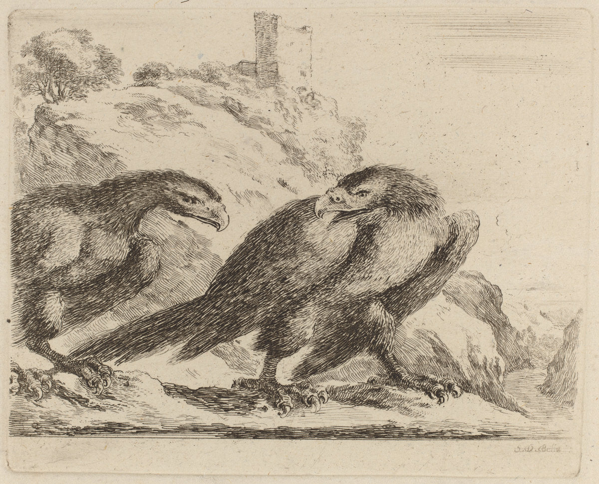 Two Eagles with Tower in Background by Stefano Della Bella (Italian, 1610 - 1664), 16X12"(A3)Poster Print