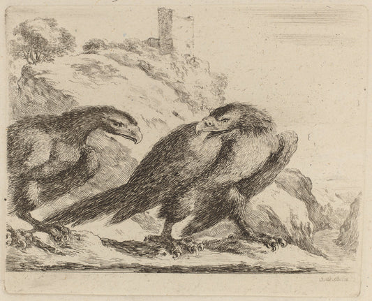 Two Eagles with Tower in Background by Stefano Della Bella (Italian, 1610 - 1664), 16X12"(A3)Poster Print