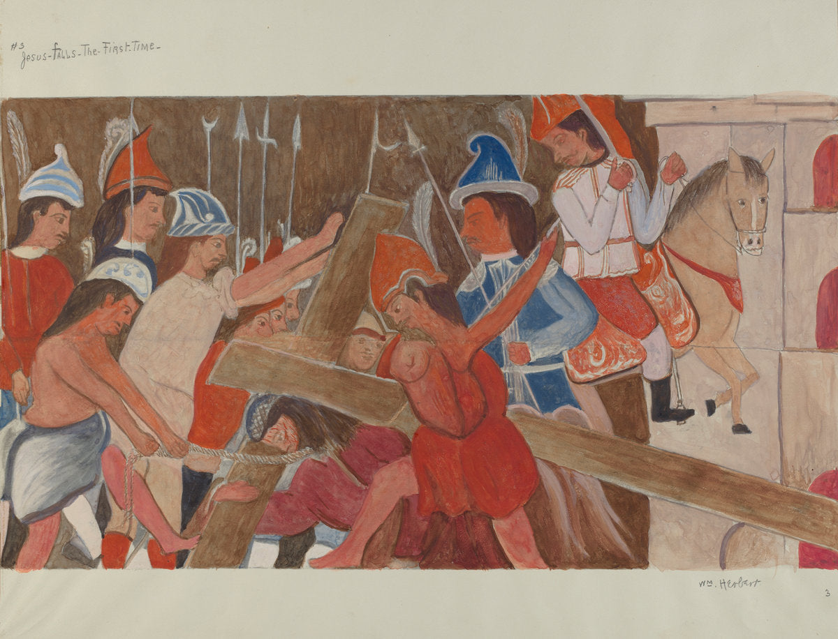 Station of the Cross No. 3: "Jesus Falls the First Time" by William Herbert (American, active c. 1935), 16X12"(A3)Poster Print