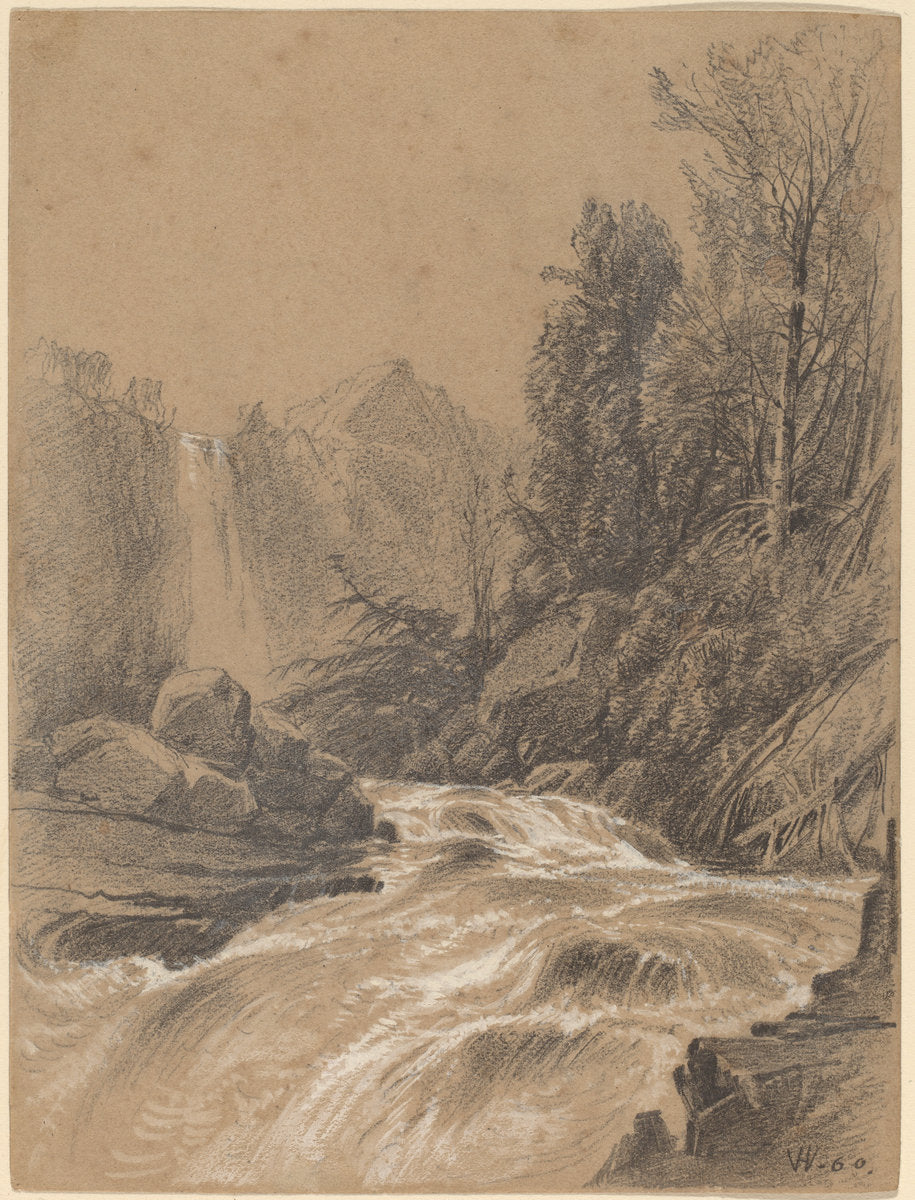 Mountain Landscape, Stream and Waterfall by William Hart (American, 1823 - 1894), 16X12"(A3)Poster Print