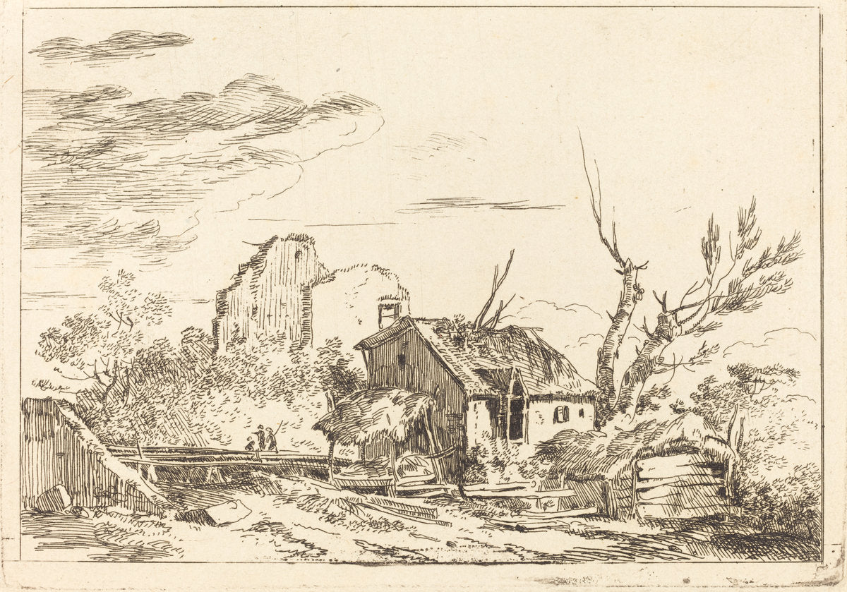 Hovel at the Bridge by Louis Gabriel Moreau (French, 1739 - 1806), 16X12"(A3)Poster Print
