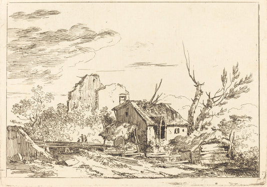 Hovel at the Bridge by Louis Gabriel Moreau (French, 1739 - 1806), 16X12"(A3)Poster Print