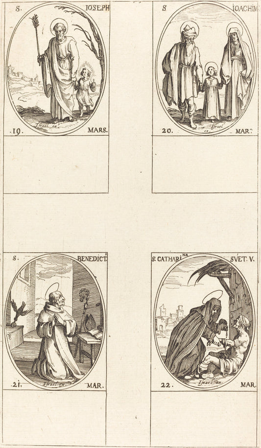 St. Joseph; St. Joachim;  St. Benedict, Abbot; St. Catharine of Sweden by Jacques Callot (French, 1592 - 1635), 16X12"(A3)Poster Print