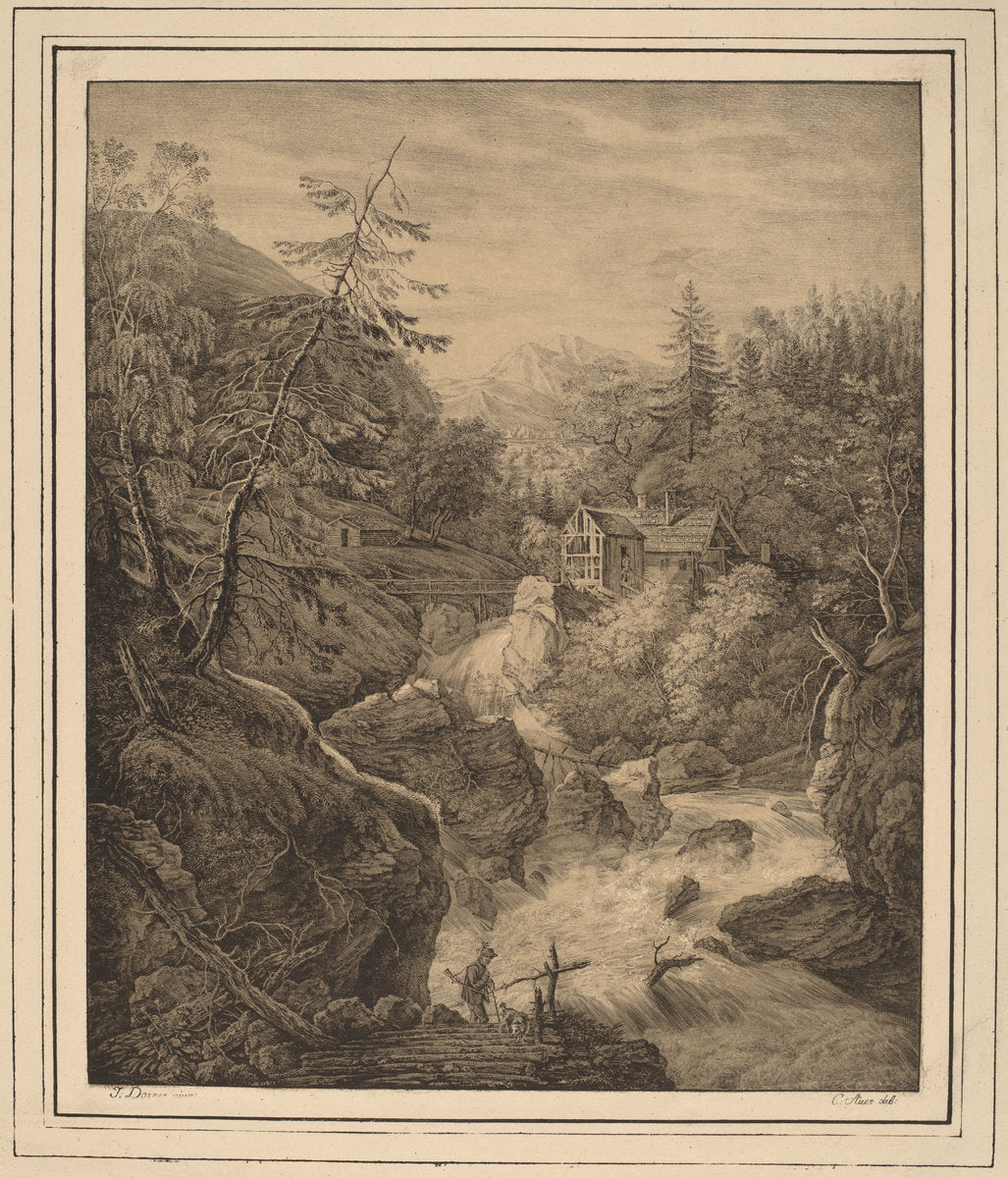 Waterfall by Kaspar Auer, after Johann Jakob Dorner II (German, 1795 - 1821), 16X12"(A3)Poster Print