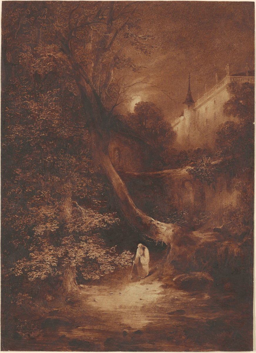 Moonlit Landscape with a Monk Walking near a Palace by Julius Albert Elsasser (German, 1814 - 1859), 16X12"(A3)Poster Print