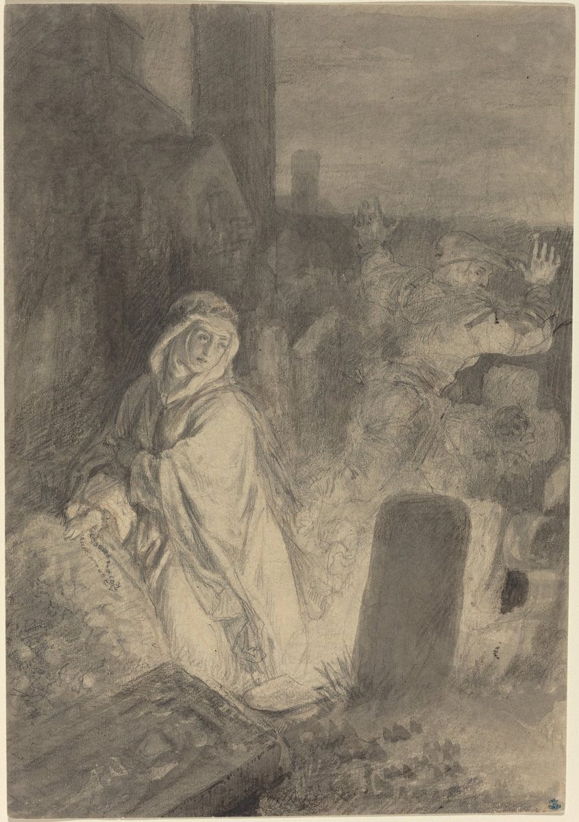 A Man Fleeing from a Nun Praying in a Cemetery by Joseph Fay (German, 1813 - 1875), 16X12"(A3)Poster Print