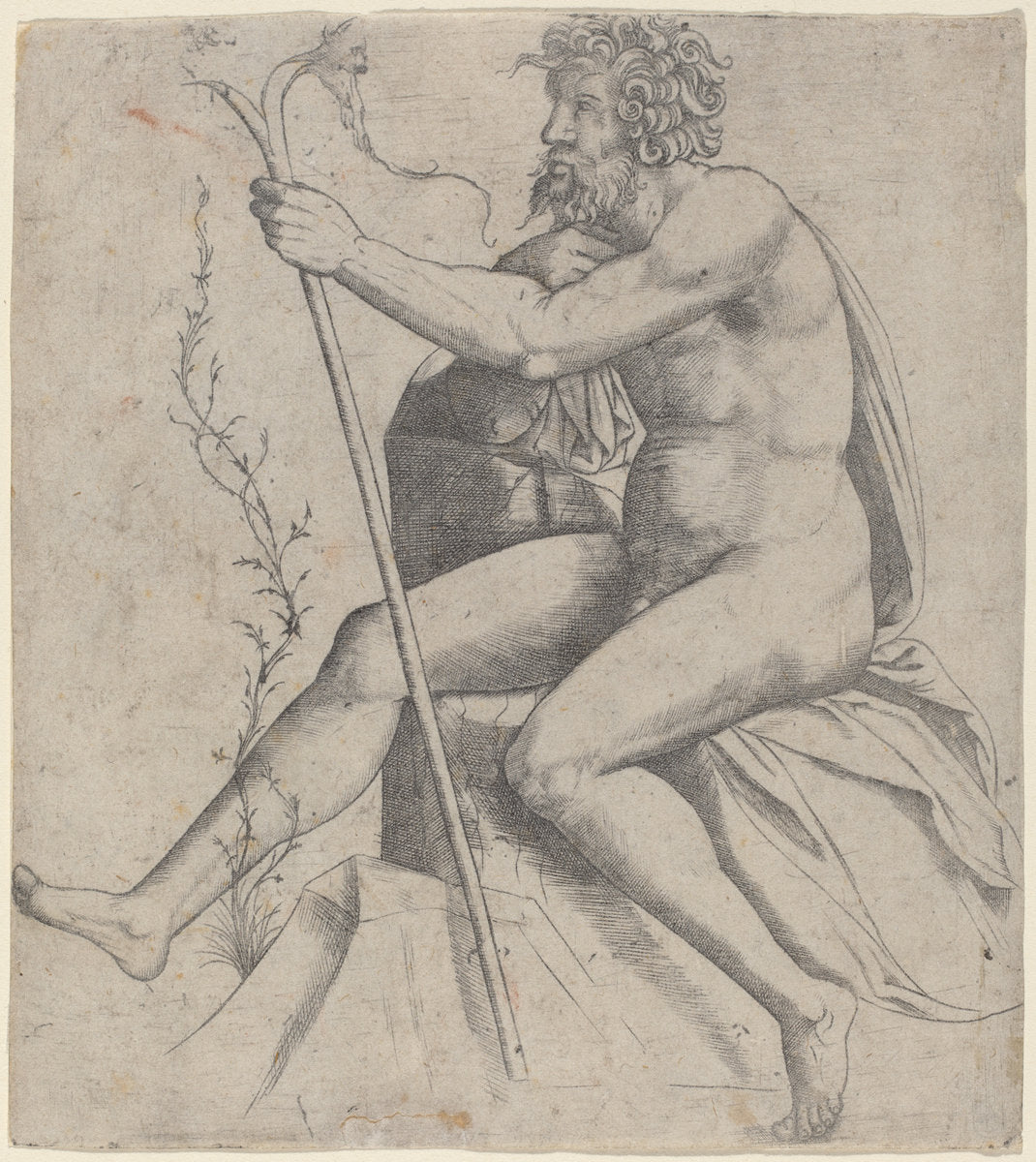 Man Seated Holding a Forked Staff by Giovanni Antonio da Brescia (Italian, active c. 1490 - 1525 or after), 16X12"(A3)Poster Print