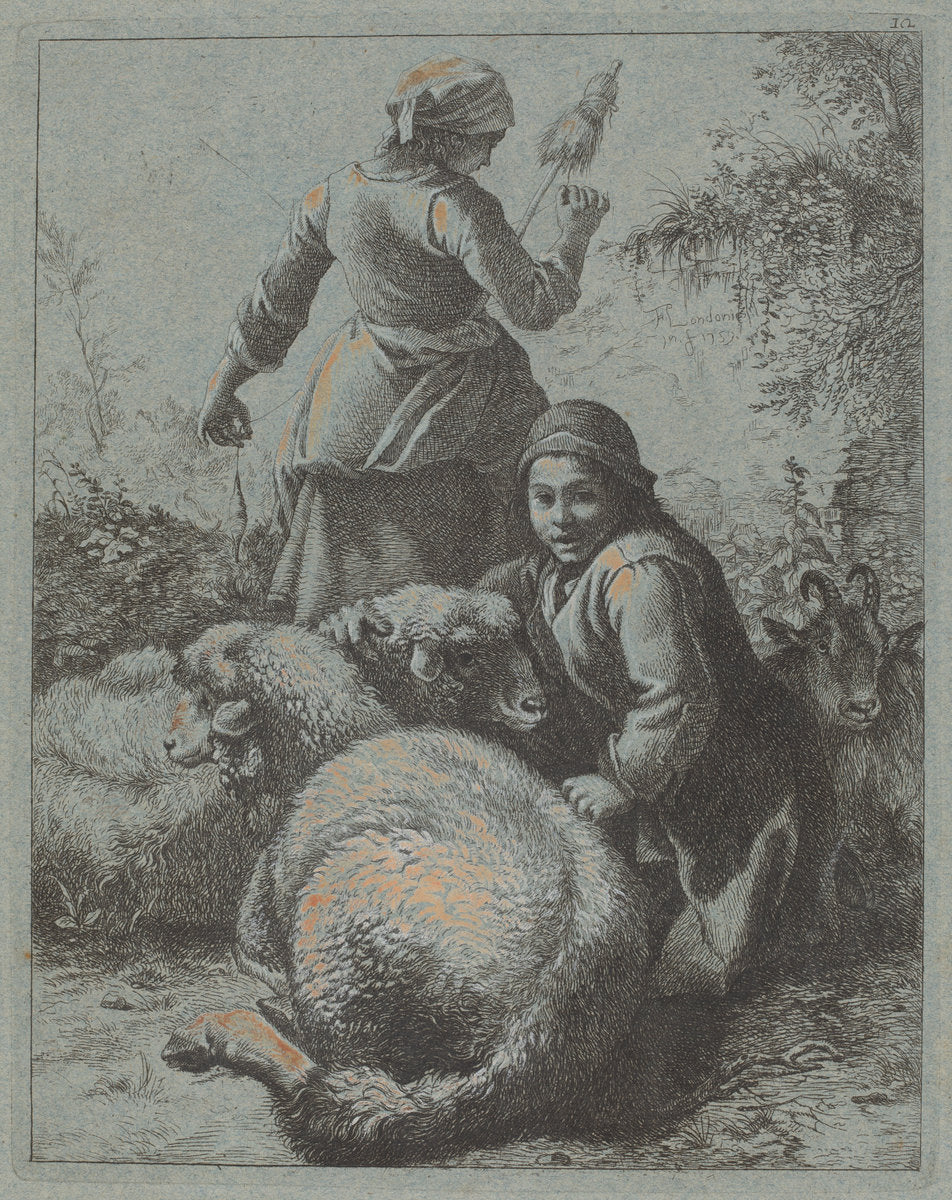 Woman Spinner and a Shepherd with Flock by Francesco Londonio (Italian, 1723 - 1783), 16X12"(A3)Poster Print