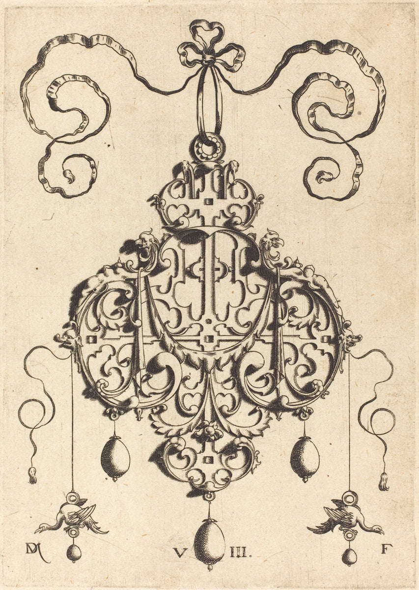 Strapwork Pendant with Two Eagles as Earringsat Left and Right by Daniel Mignot (German, active 1593/1596), 16X12"(A3)Poster Print