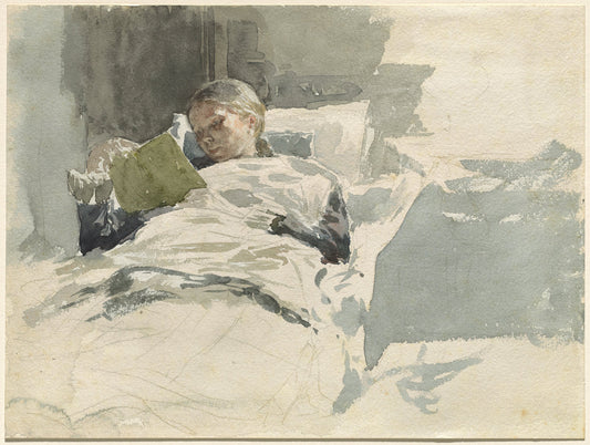 The Artist's Wife Reading in Bed by Leopold von Kalckreuth (German, 1855 - 1928), 16X12"(A3)Poster Print