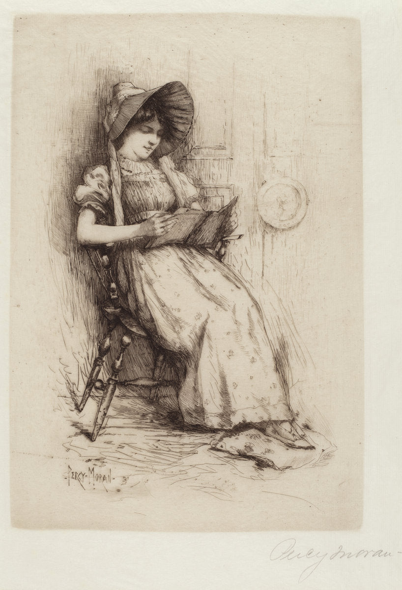 Untitled (Young Girl With Hat, In Chair, Reading) by Edward Percy Moran (American, 1862 - 1935), 16X12"(A3)Poster Print