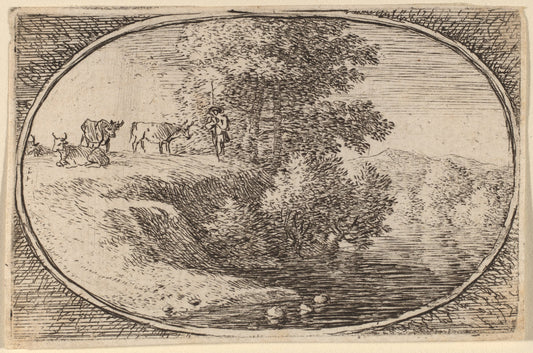 Herd of Cows on Bluff to Left of Water by Herman van Swanevelt (Dutch, c. 1600 - 1655), 16X12"(A3)Poster Print