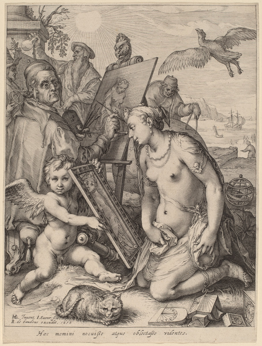 Artist Painting a Nude Woman: Allegory of Visual Perception by Jan Pietersz Saenredam after Hendrik Goltzius (Dutch, 1565 - 1607), 16X12"(A3)Poster Print