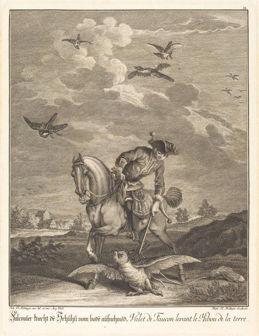 Falconeer Lifting an Owl from the Ground by Johann Elias Ridinger (German, 1698 - 1767), 16X12"(A3)Poster Print