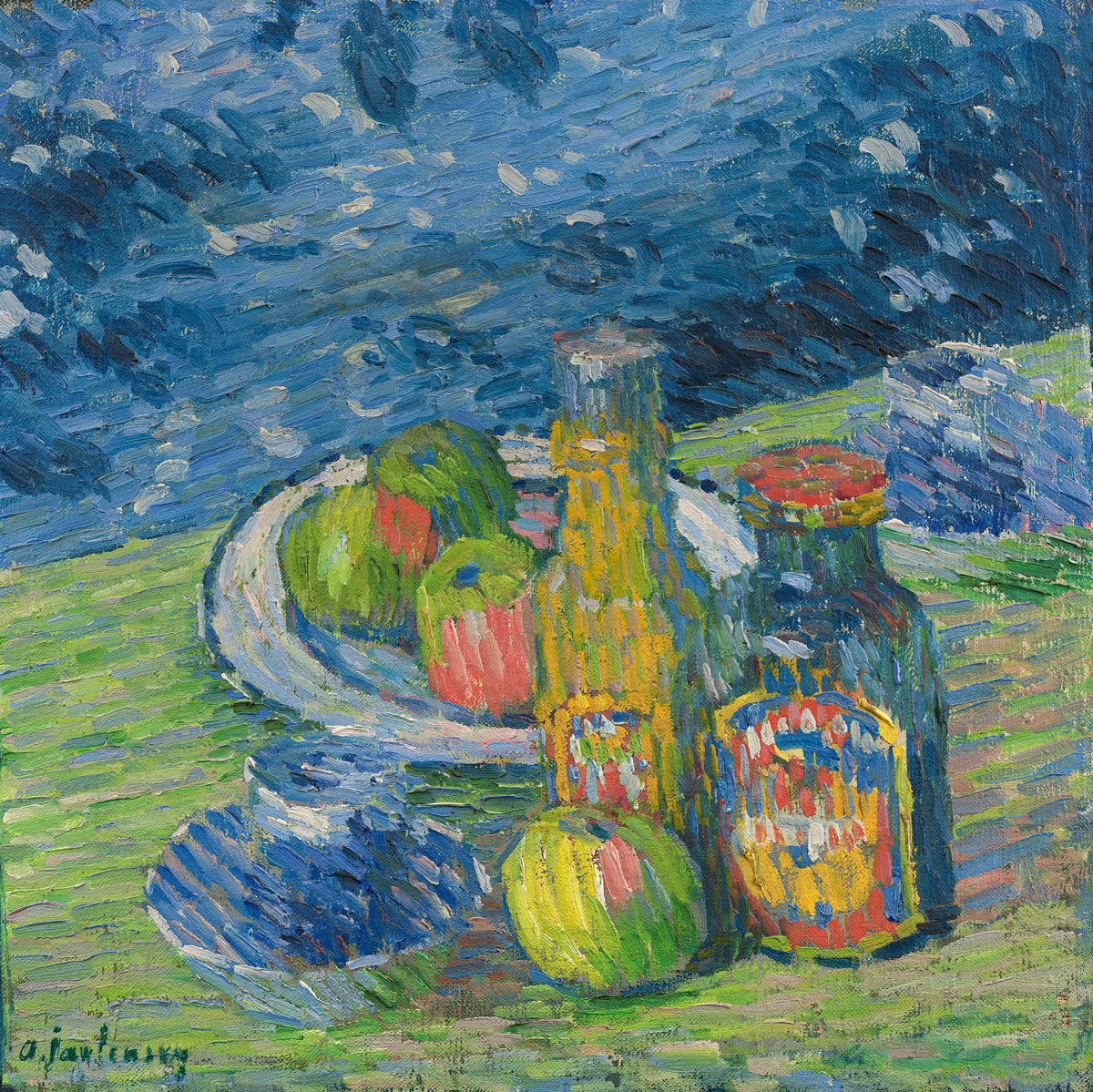 Still Life with Bottles and Fruit by Alexej von Jawlensky (Russian, 1864 - 1941), 16X12"(A3)Poster Print