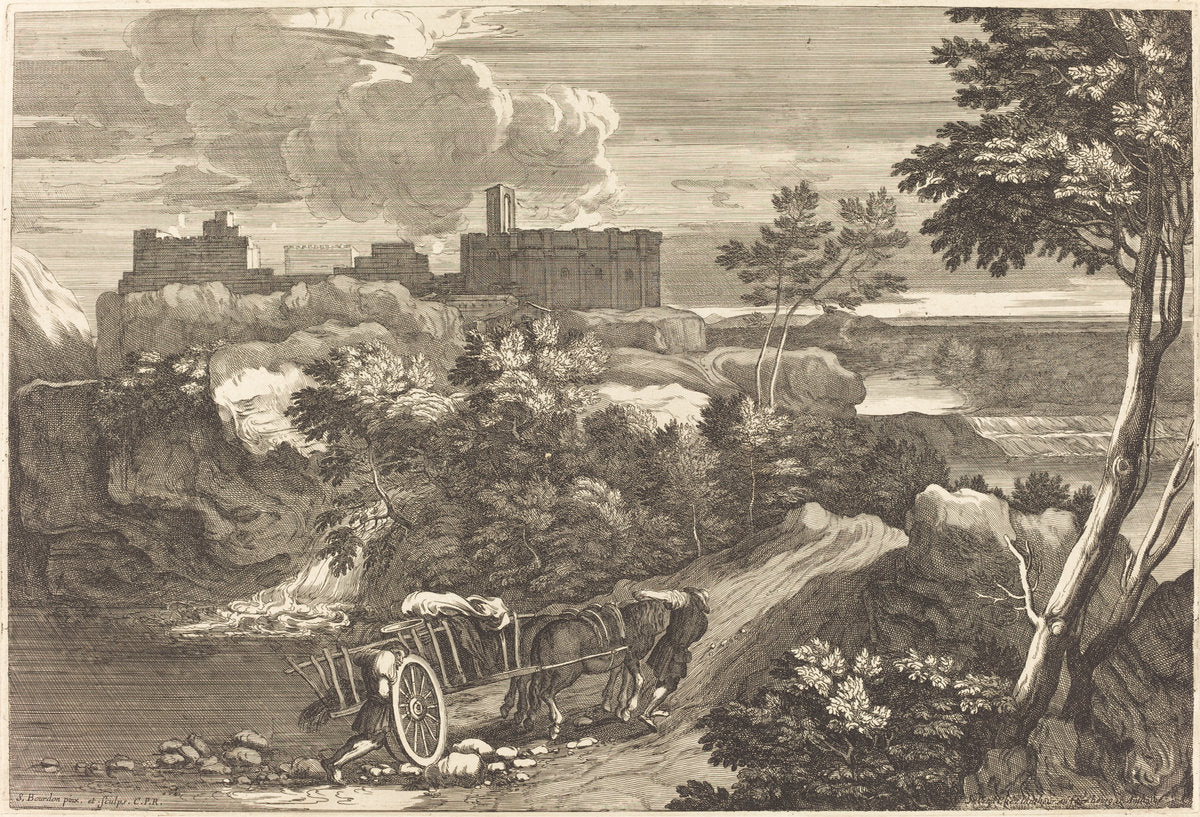 Landscape with Wagon by Sébastien Bourdon (French, 1616 - 1671), 16X12"(A3)Poster Print