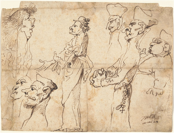 Caricatures of Clerics and Priests by Pier Francesco Mola (Italian, 1612 - 1666), 16X12"(A3)Poster Print