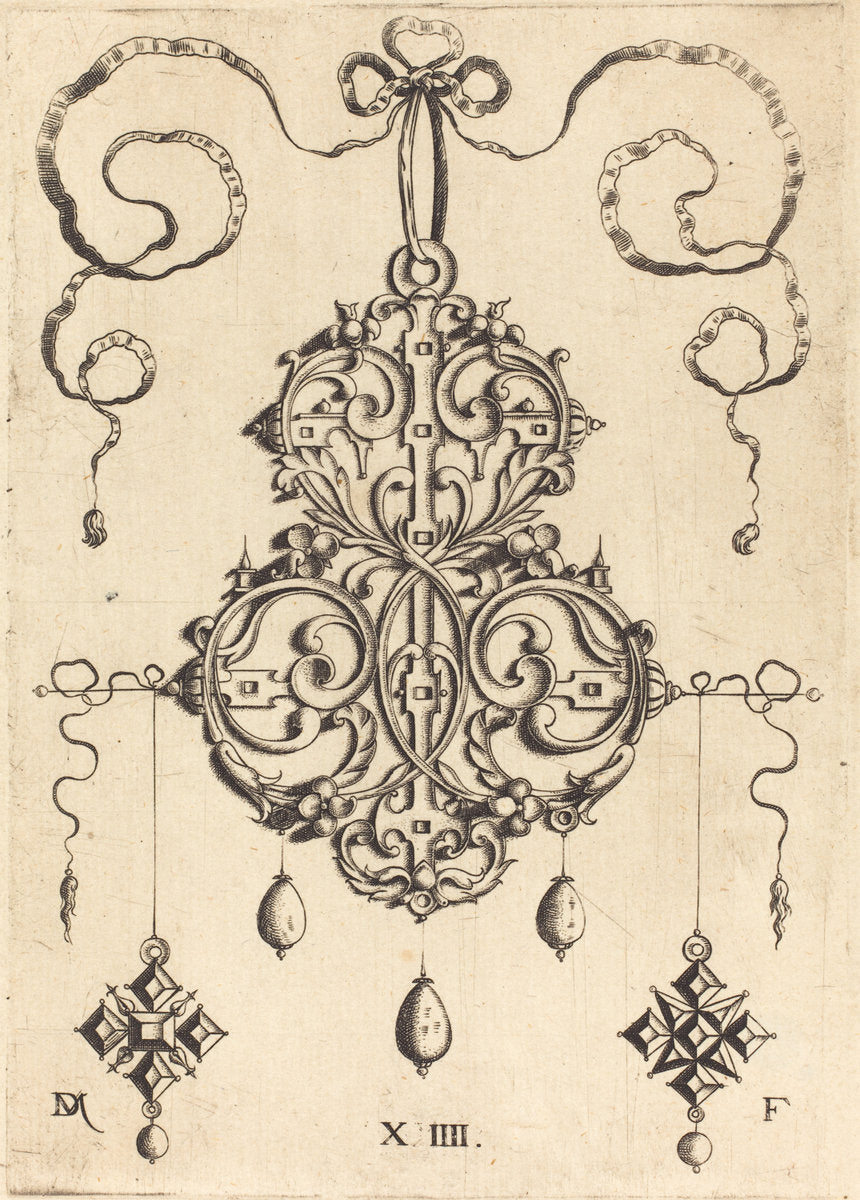 Strapwork Pendant with Three Drops and Two Cross-Shaped Pendants as Earrings at Left and Right by Daniel Mignot (German, active 1593/1596), 16X12"(A3)Poster Print