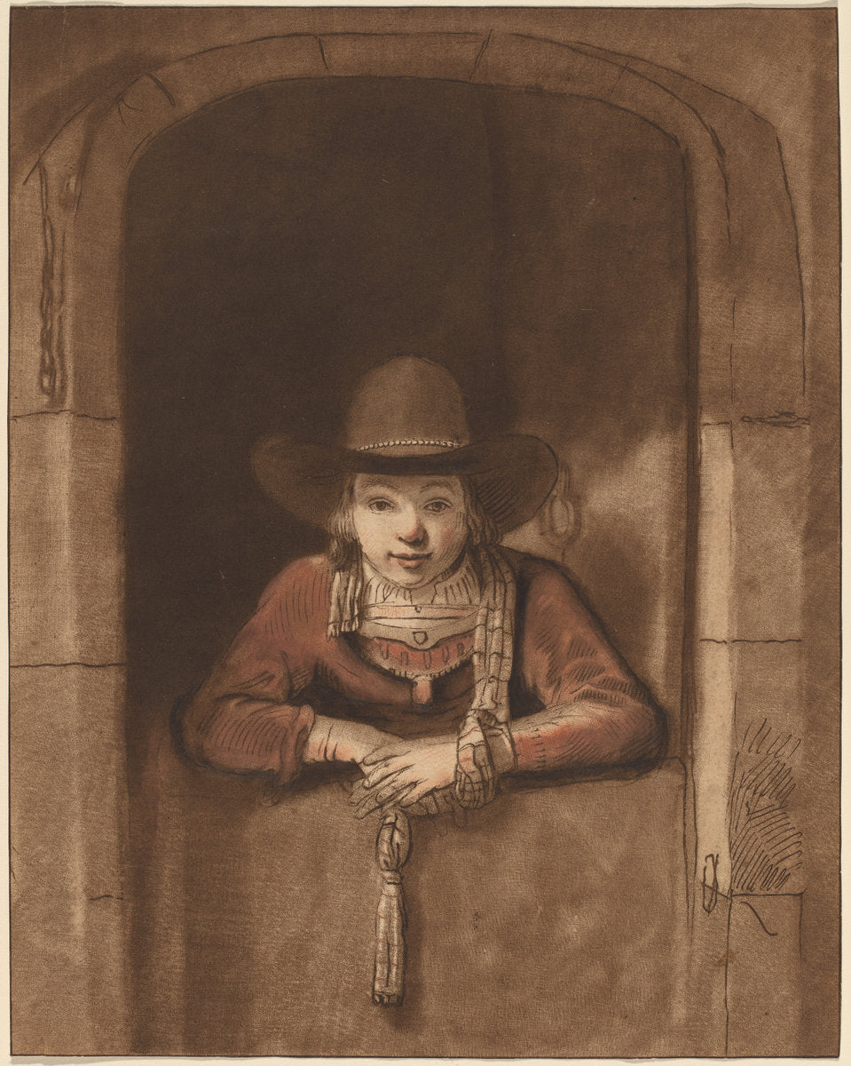 Boy Leaning over a Lower Door by Cornelis Ploos van Amstel after Rembrandt van Rijn (Dutch, 1726 - 1798), 16X12"(A3)Poster Print