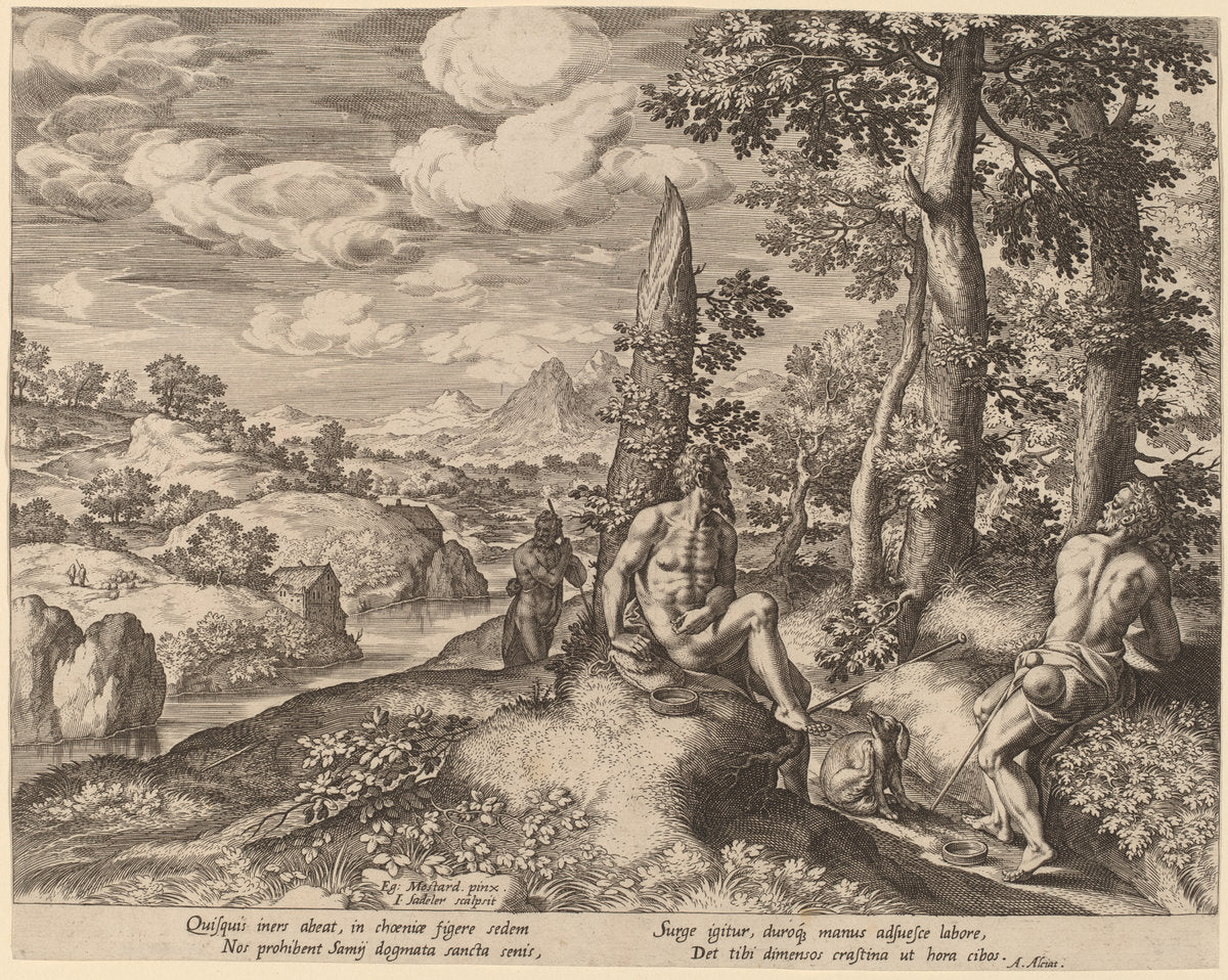 Landscape with Three Nude Men and a Dog by Jan Sadeler I after Gillis Mostaert (Flemish, 1550 - 1600), 16X12"(A3)Poster Print