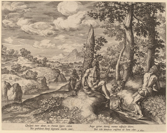 Landscape with Three Nude Men and a Dog by Jan Sadeler I after Gillis Mostaert (Flemish, 1550 - 1600), 16X12"(A3)Poster Print