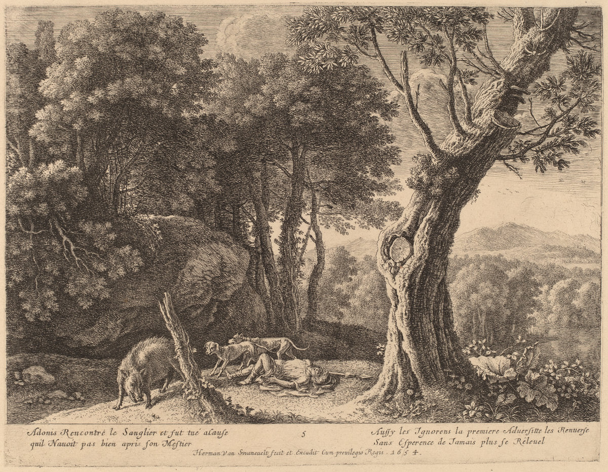 Death of Adonis by Herman van Swanevelt (Dutch, c. 1600 - 1655), 16X12"(A3)Poster Print