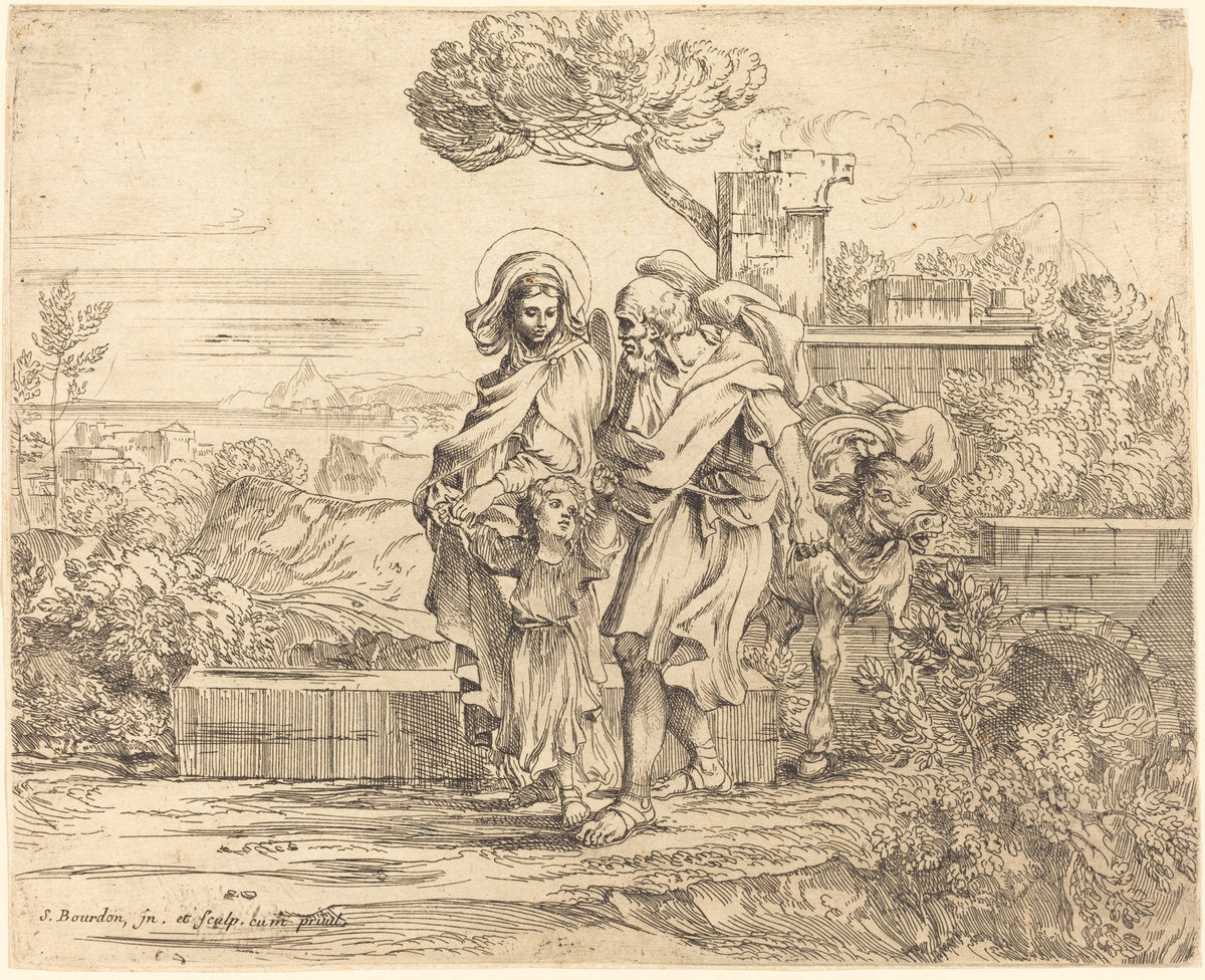 The Rest on the Flight into Egypt by Sébastien Bourdon (French, 1616 - 1671), 16X12"(A3)Poster Print