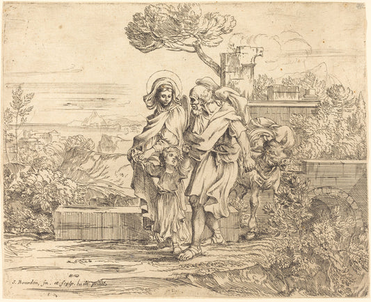 The Rest on the Flight into Egypt by Sébastien Bourdon (French, 1616 - 1671), 16X12"(A3)Poster Print