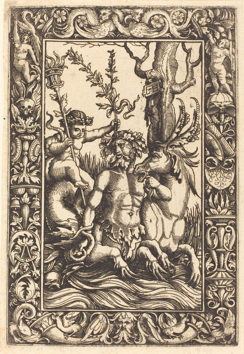 Mythological Marine Subject by Lambert Hopfer after Nicoletto da Modena (German, active first half 16th century), 16X12"(A3)Poster Print