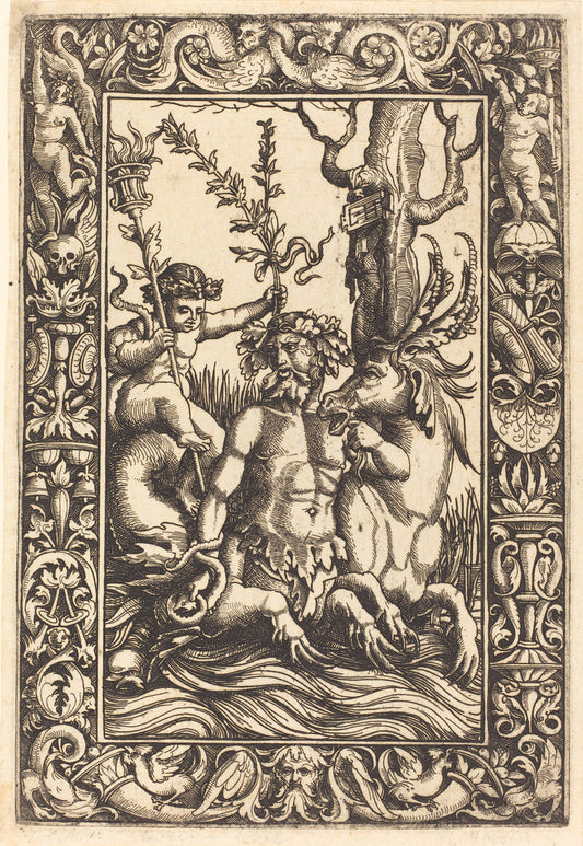 Mythological Marine Subject by Lambert Hopfer after Nicoletto da Modena (German, active first half 16th century), 16X12"(A3)Poster Print