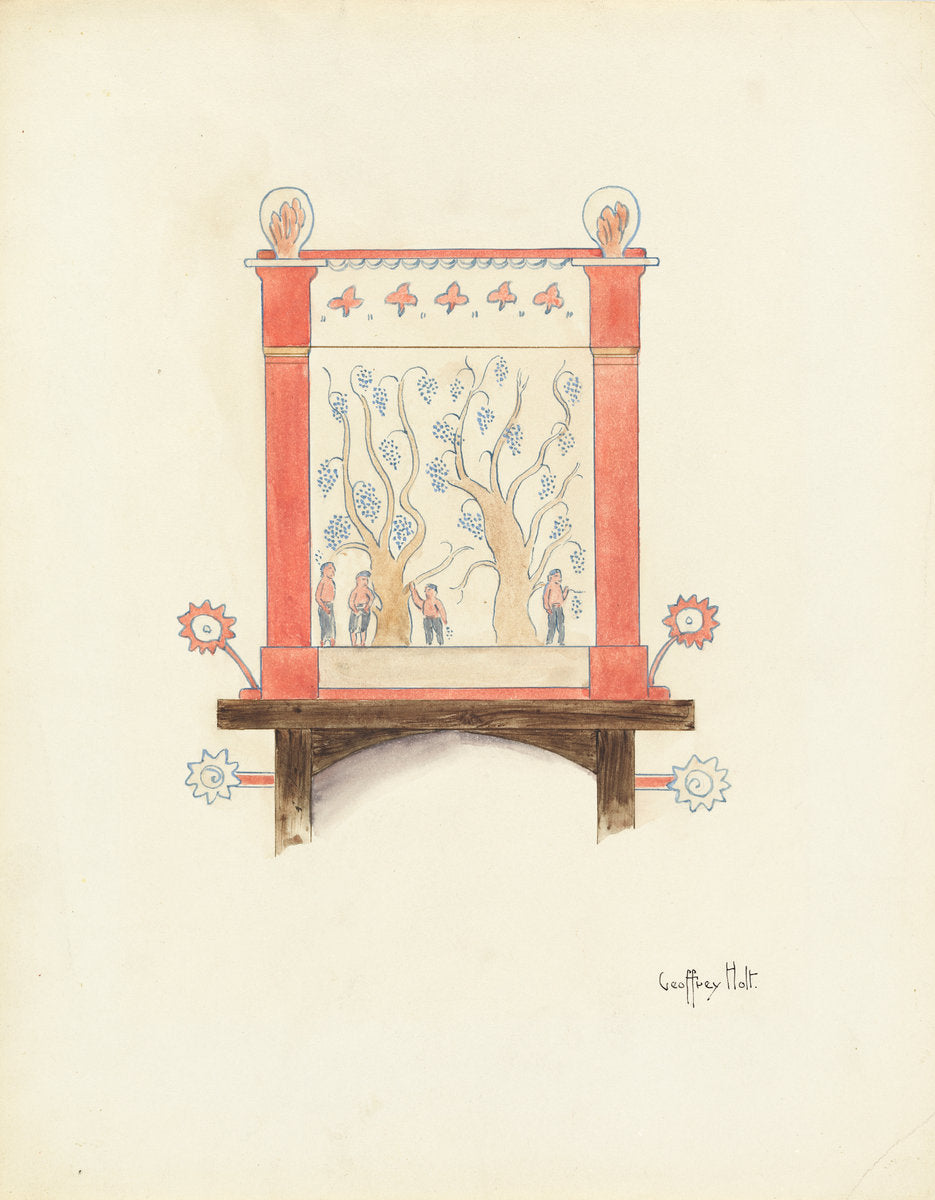Restoration Drawing: Wall Decoration Over Doorway in Mission House by Geoffrey Holt (American, active c. 1935), 16X12"(A3)Poster Print