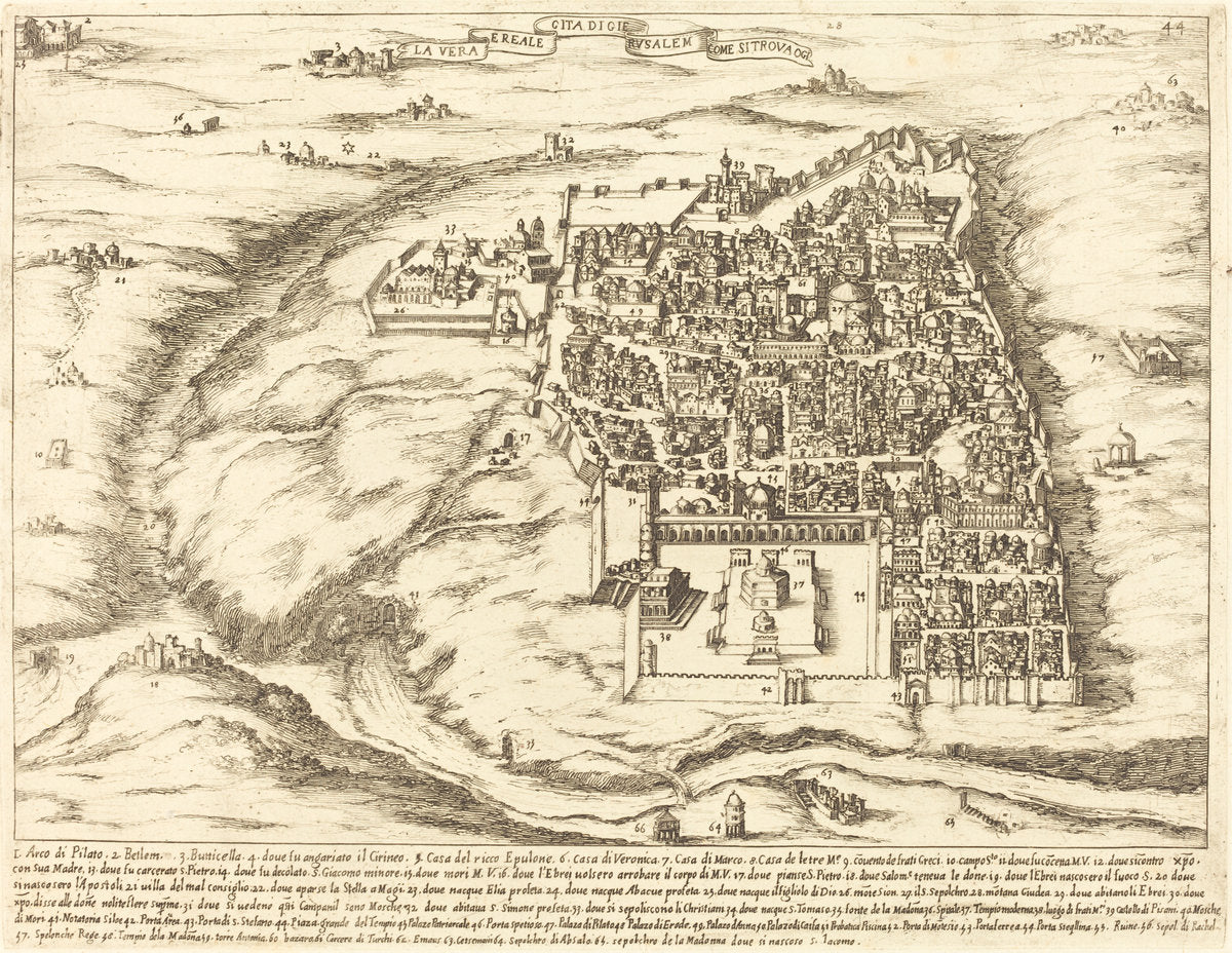Aerial View of the City of Jerusalem by Jacques Callot (French, 1592 - 1635), 16X12"(A3)Poster Print