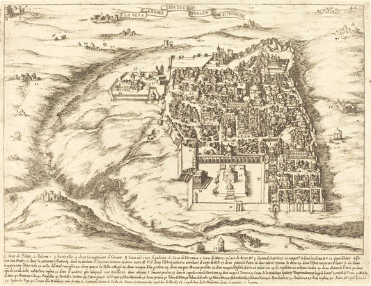Aerial View of the City of Jerusalem by Jacques Callot (French, 1592 - 1635), 16X12"(A3)Poster Print