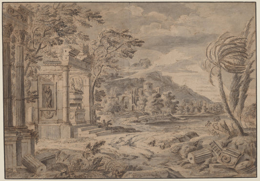 Antique Ruins along a Mountain Coast by Johann Franciscus Ermels (German, 1621 - 1693), 16X12"(A3)Poster Print