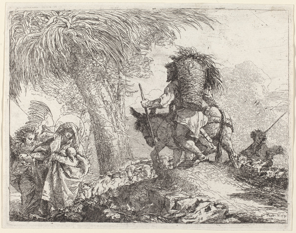 The Flight, Joseph at Right and Mary and Angel at Left by Giovanni Domenico Tiepolo (Italian, 1727 - 1804), 16X12"(A3)Poster Print